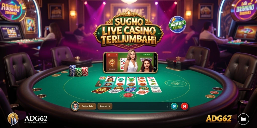 Screenshot utama ADG62 menunjukkan dealer langsung berinteraksi dengan pemain.