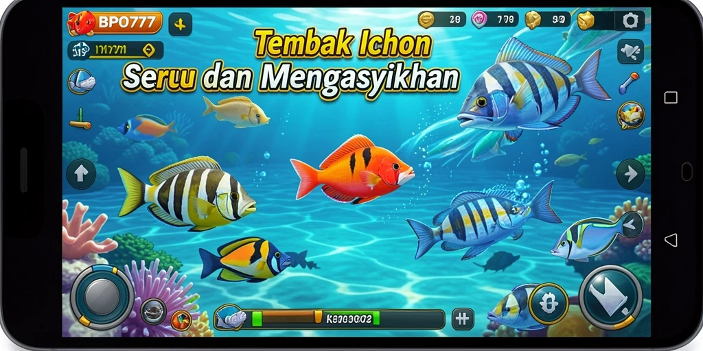 Tampilan gameplay seru dari BPO777 saat menembak ikan.