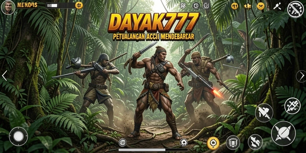 Tangkapan layar utama menampilkan aksi pertempuran seru di DAYAK777.