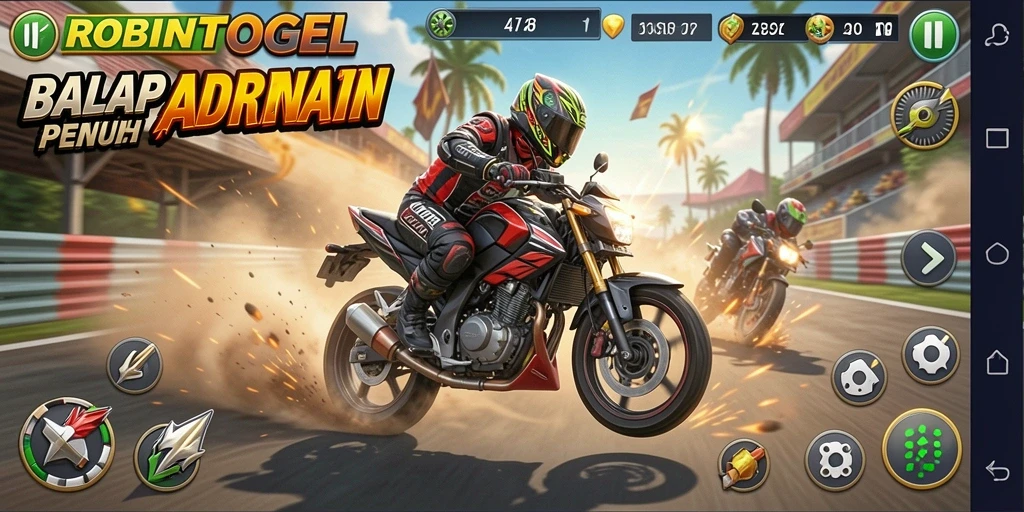 Screenshot utama ROBINTOGEL menampilkan momen mendebarkan balapan motor.