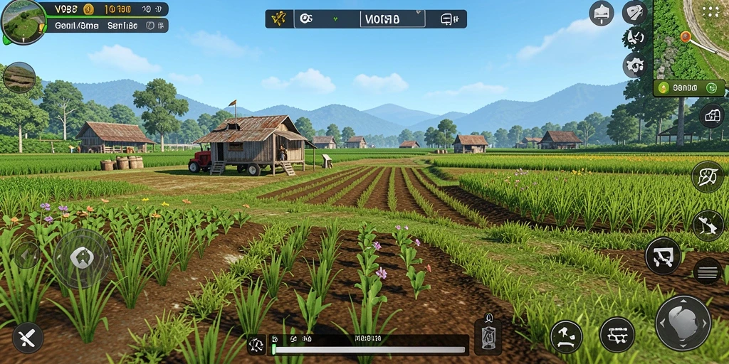 Tangkapan layar gameplay V98 menunjukkan aksi pertanian yang seru dan dinamis.